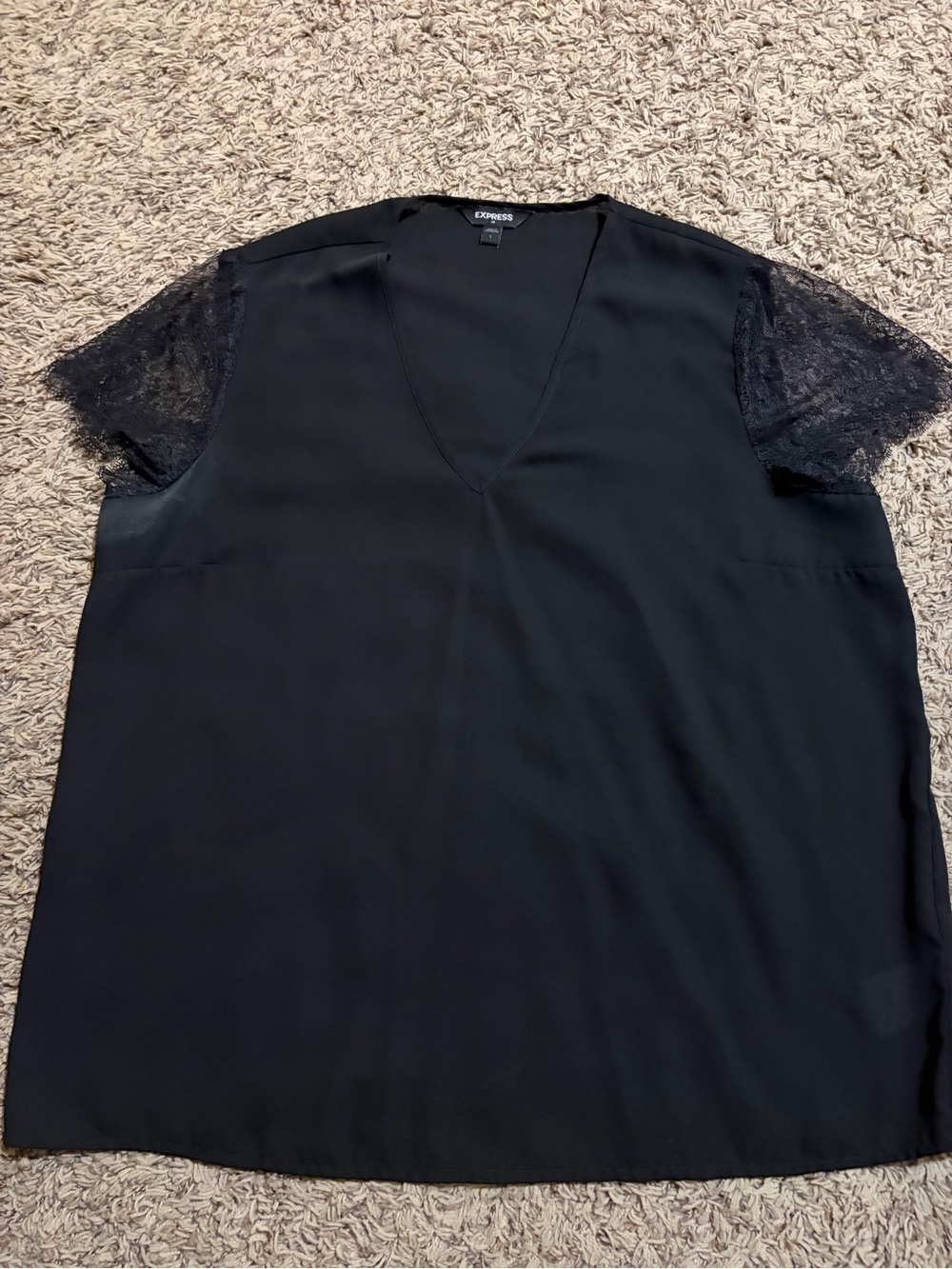 Express Black V-Neck Shell with Lace Cap Sleeves